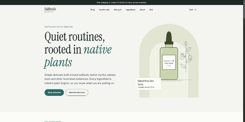 Home page of the fictional Saltbush Botanics demo site